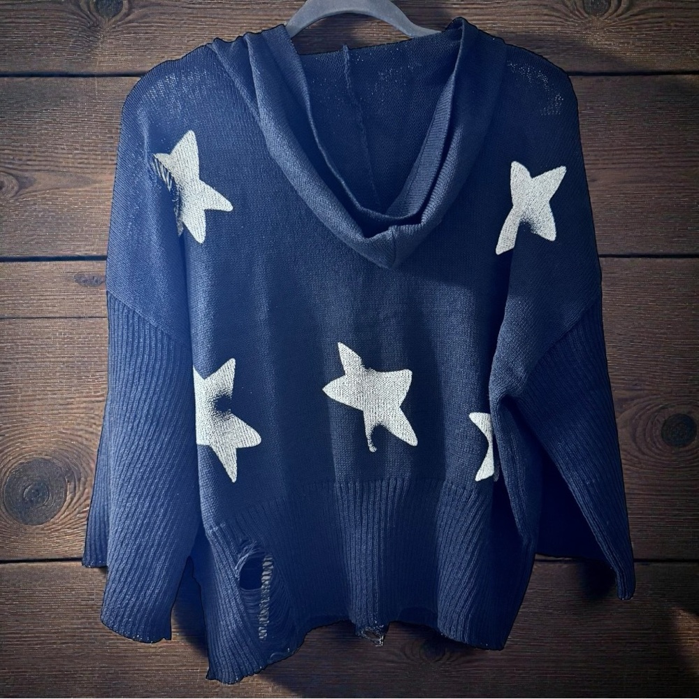 POL Women's Distressed Blue Knit Sweater with Hood/ White Stars Size Large - Picture 2 of 3